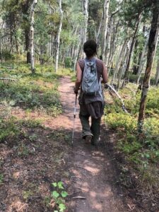 Back of a woman with brown hair tied back in a low bun, wearing a khaki colored tank top, green pants and a gray backpack carrying walking sticks and hiking along a gravel path with white trunk colored birch trees in the distance and green shrubbery all along both sides of the gravel pathway.