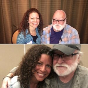 Heather Fraelick with big smile and brown curly hair resting down over her shoulders sitting next to John Barnes with white beard and glasses. The top half of the photo they're both wearing blue tops and in the bottom photo both wearing jean tops and John is wearing a baseball cap in the bottom photo.