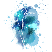 The Fluidify Fascia & Wellness logo image with different shades of watercolor blue hues splashed against and on top of each other with genderless body outlined in white jumping in the middle of the watercolor splash.