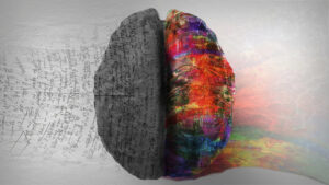 Top view of a human brain with the left side colored with a dark grey hue and handwritten script on top and to the left of it. The right side of the brain colored with a mixture of red, yellow, purple, blue and green hues with the color vibrant on the brain and fades out to the right of it. Grey background color.