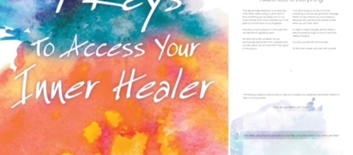 Photo collage of a Rainbow colored water color splash and the e-book title, 7 Keys To Access Your Inner Healer written in white. To the right of that image is page 1 titled, Pathway 1, Shifts In Mindset and the image below that depicts fillable rectangular sections to answer journal prompts.